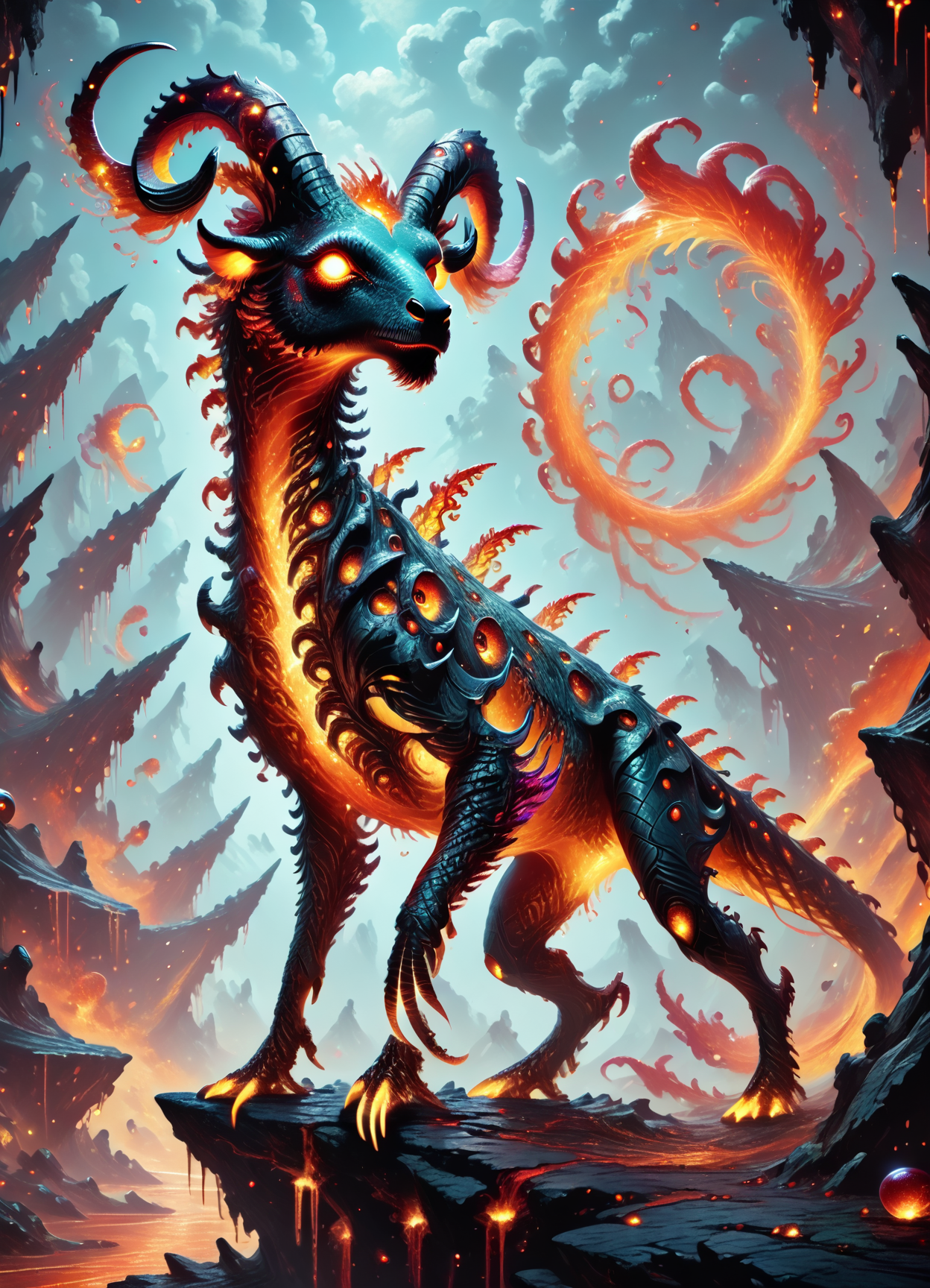 DonMF1r3y4by55XL, score_9, score_8_up, score_7_up, score_6_up,a organic volcanic nature quadrupedal  Ahuizotl,  crest,  short insectoid legs, curved horns    ,  rating_safe    <lora:DonMF1r3y4by55XL-pony:0.8>