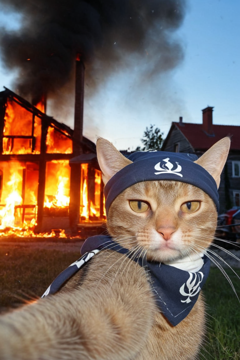 gangster cat makes selfie, looks in camera,solo,burning house on background,wears a bandanna