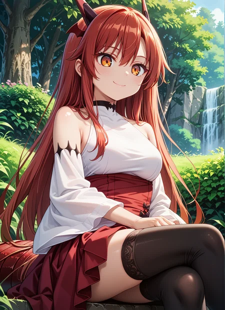 score_9,score_8_up,score_7_up,source_anime BREAK prefect lighting,very aesthetic,prefect hands,best quality BREAK
intricate details,highly detailed background,(masterpiece:0.9),high quality,lustrous_skin,skindentation,
ultra delicate hair,
<lora:cfg_scale_boost:0.6>,
face_detail,
skin_detail,
<lora:tania_izo:0.8>,taniav2,red hair,long hair,horns,dragon horns,orange eyes,hair between eyes,dragon girl,head wings,dragon tail,
bare shoulders,long sleeves,detached sleeves,white sleeves,collarbone,white shirt,red skirt,dress,wide sleeves,choker,black thighhighs,
masterpiece,best quality,score_9,score_8_up,score_7_up,ultra-detailed,Best-A,Medium-B,Low-C,Bad-D,
cute,light_blush,in a meadow,grove,smile,dynamic_angle,1girl,solo,from_below,sitting,