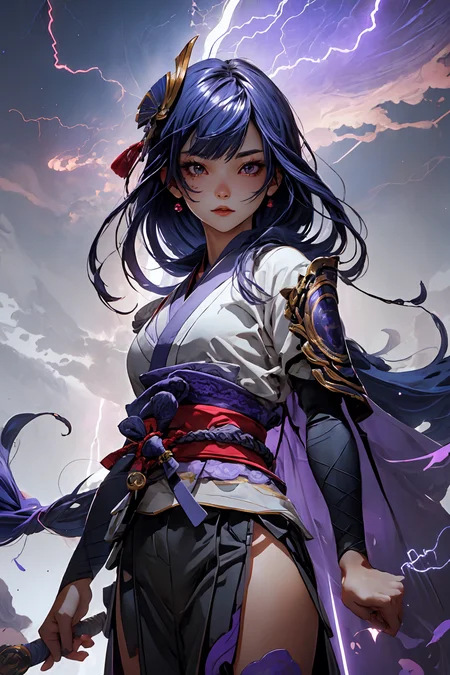 <lora:raidenShogunLora_raidenShogun:0.8> raiden shogun \(genshin impact\),
long purple hair, god, divine being, electricity, electro, (purple lightning:1.2), 
<lora:more_details:0.4>
 <lora:Cosmic anime-oil fusion v2:0.4> 
<lora:AnimeVibesV3:0.25> animevibes, 
<lora:3DMM_V11:0.5> 3DMM 
<lora:midjourney_20230624181825:0.4> midjourney ,
 <lora:LAS:0.25> colorful, 
<lora:msw_locon-t2:0.45>
 <lora:wuxia2:0.5> gu, shiny, shiny hair, shiny skin, shiny clothes