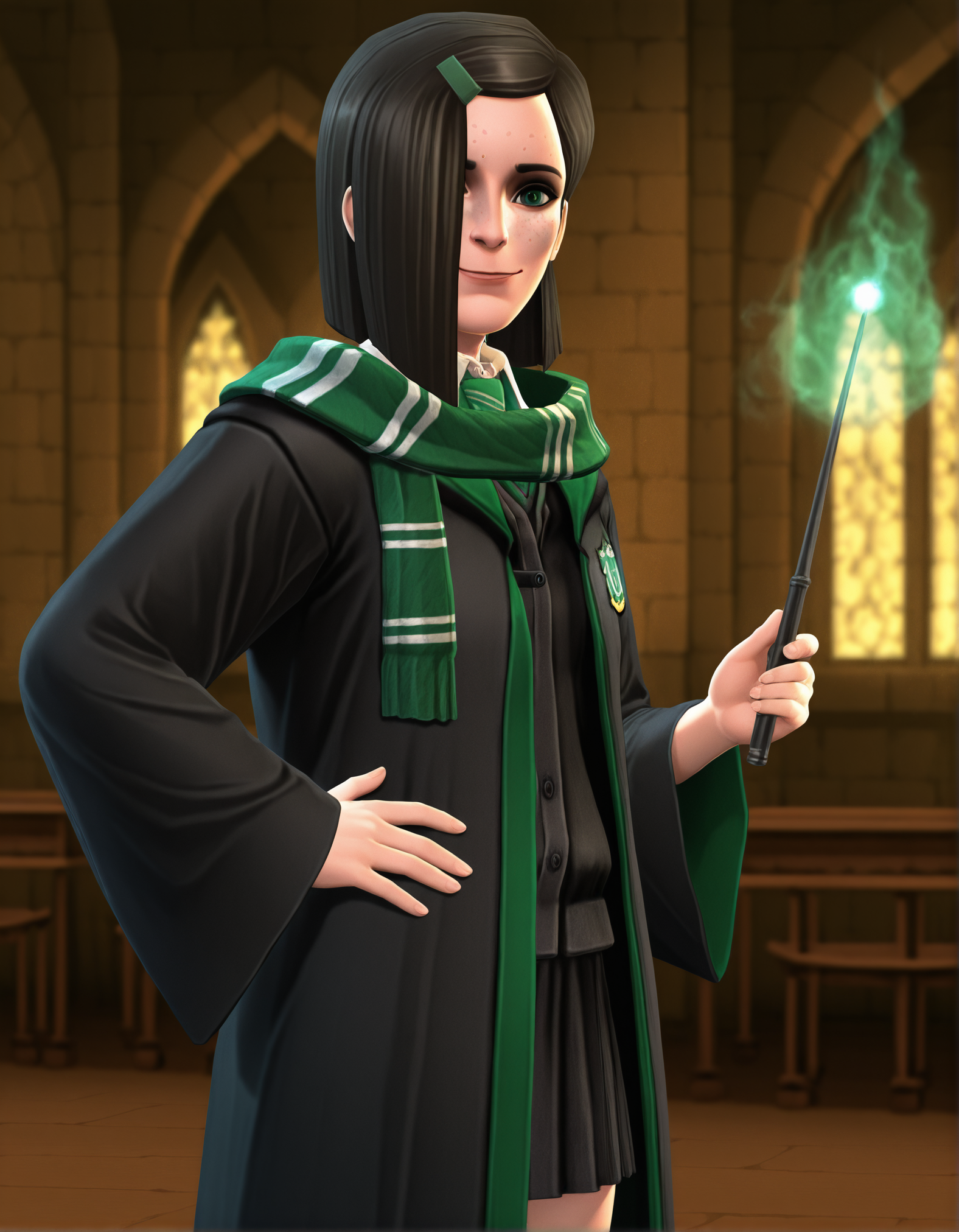 1girl, ismelda, realistic, (3d:0.2), cowboy shot, from side, black hair, hair over one eye, green eyes, freckles, hairclip, hogwarts school uniform, green scarf, standing, holding wand, magic, hand on own hip, smile, looking at viewer, dungeon, classroom, blurry background, anime screenshot, official art, absurdres