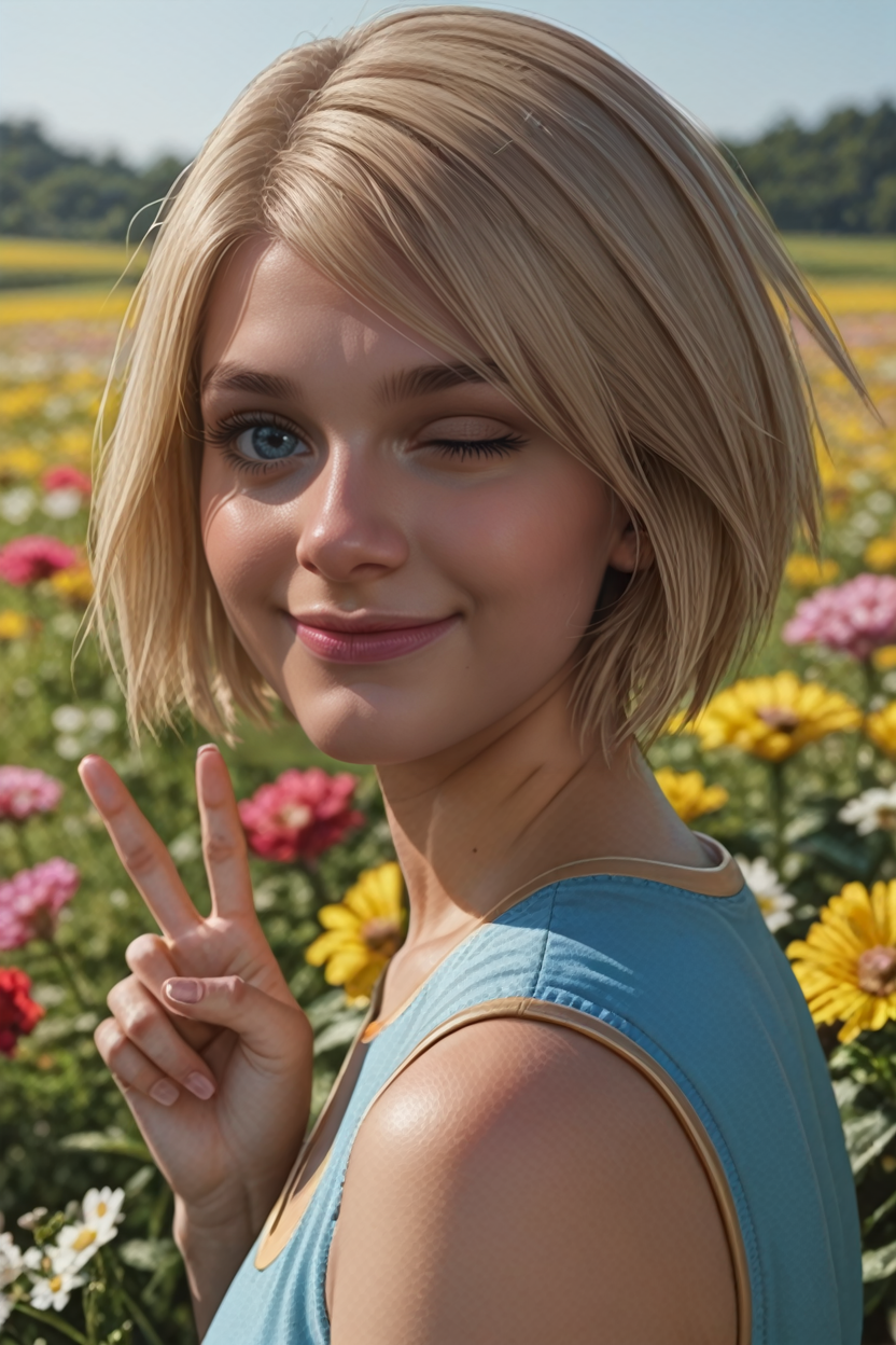 score_9, score_8_up, score_7_up,
<lora:I2SGirl:0.8>
I2SGirl, 1girl, blonde hair, blue eyes, short hair, looking at viewer, looking at viewer, from side, wink, happy, smile, closed mouth, peace sign, flowers, meadow
