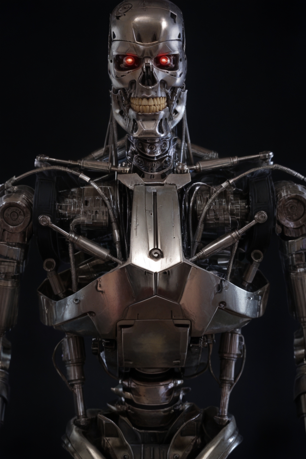 T800_Endo, Terminator robot, score_9, score_8_up, score_7_up, (source_IRL, source_movie), cinematic, realistic, masterpiece, high quality, highres RAW photo, ((upper body shot, front view))
((an UpgradedT800_Endo Terminator Robot)) with red eyes, he is made of metal, he is made of shiny chrome metal, new, clean, <lora:T800_Endo_Terminator_Pony_v1:1>
(standing)
black background
dynamic lighting, highly detailed, intricate details, shadows