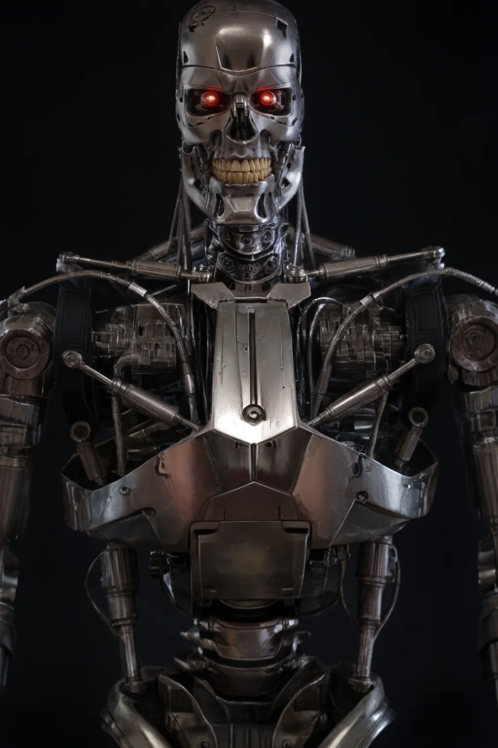 T800_Endo, Terminator robot, score_9, score_8_up, score_7_up, (source_IRL, source_movie), cinematic, realistic, masterpiece, high quality, highres RAW photo, ((upper body shot, front view))
((an UpgradedT800_Endo Terminator Robot)) with red eyes, he is made of metal, he is made of shiny chrome metal, new, clean, <lora:T800_Endo_Terminator_Pony_v1:1>
(standing)
black background
dynamic lighting, highly detailed, intricate details, shadows