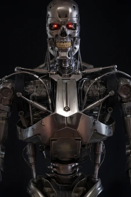 T800_Endo, Terminator robot, score_9, score_8_up, score_7_up, (source_IRL, source_movie), cinematic, realistic, masterpiece, high quality, highres RAW photo, ((upper body shot, front view))
((an UpgradedT800_Endo Terminator Robot)) with red eyes, he is made of metal, he is made of shiny chrome metal, new, clean, <lora:T800_Endo_Terminator_Pony_v1:1>
(standing)
black background
dynamic lighting, highly detailed, intricate details, shadows