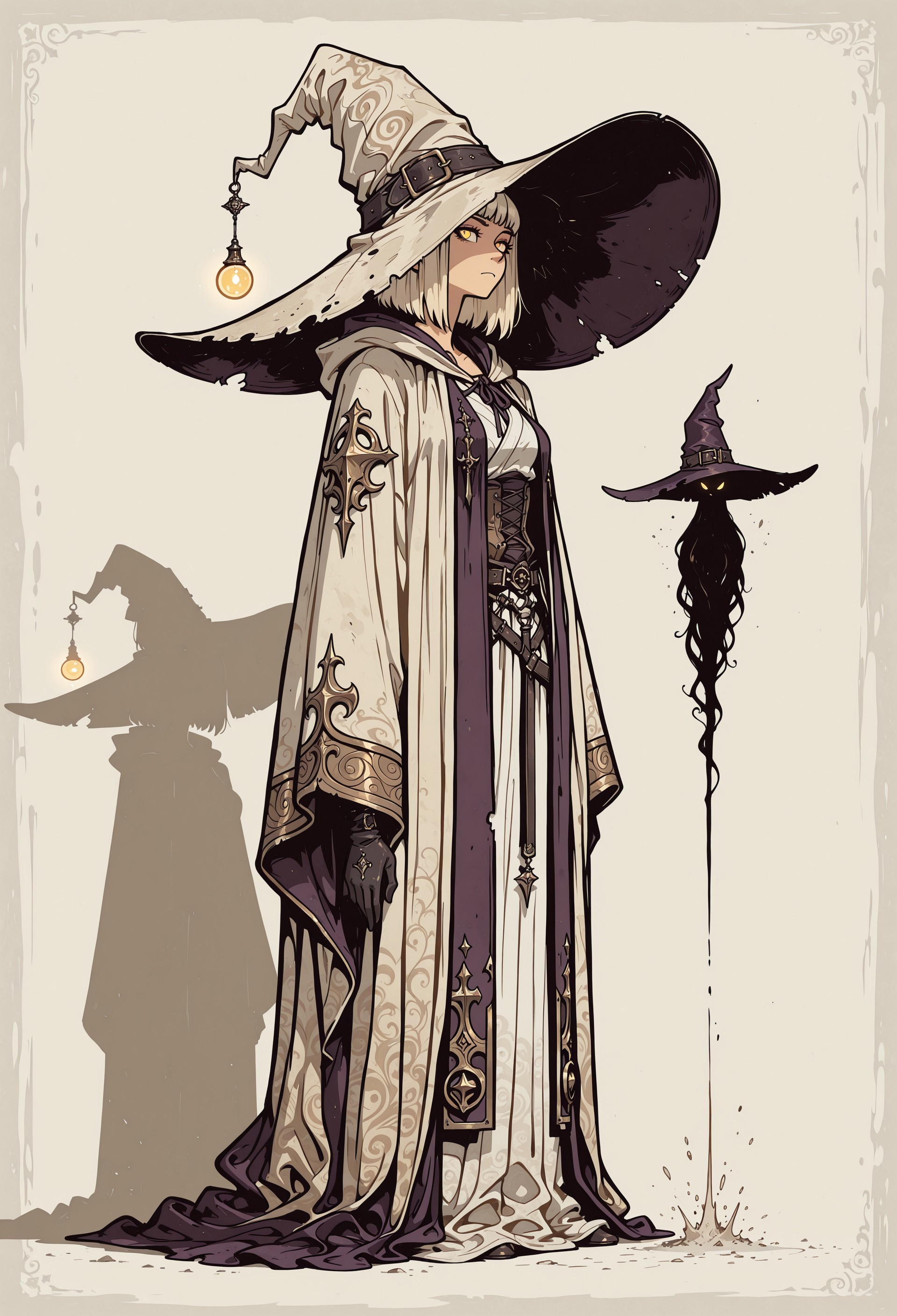 score_9, score_8_up, score_7_up, masterpiece, best quality, very aesthetic, detailed face, (dynamic:1.1), incoth, (incase:0.6), partial illumination, thick linework, illustration, 1girl, witch, (huge brimhat:1.1), mage, robes, casting, platinum blonde hair, golden eyes, shadow, d41z3n, (close up:1.1)
