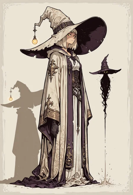 score_9, score_8_up, score_7_up, masterpiece, best quality, very aesthetic, detailed face, (dynamic:1.1), incoth, (incase:0.6), partial illumination, thick linework, illustration, 1girl, witch, (huge brimhat:1.1), mage, robes, casting, platinum blonde hair, golden eyes, shadow, d41z3n, (close up:1.1)