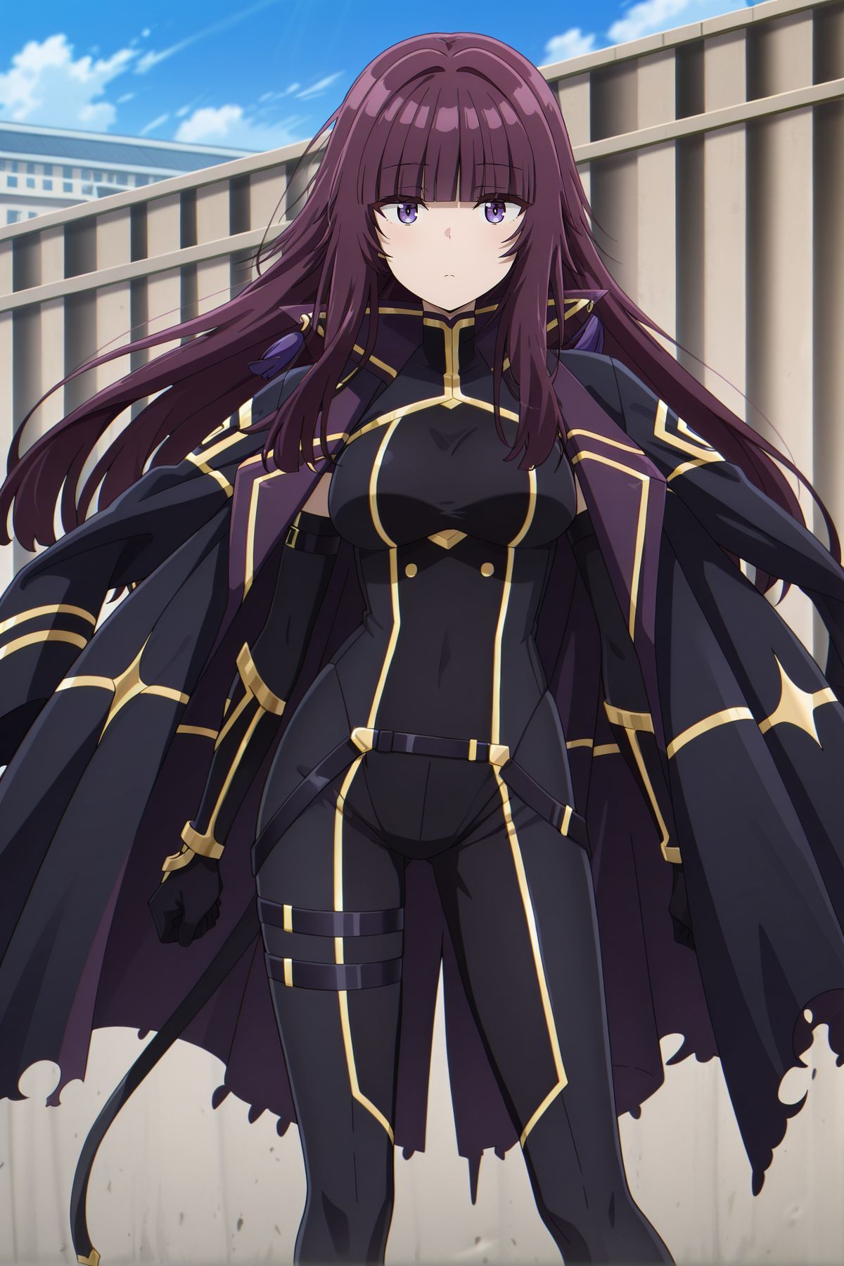 absurdres, highres, masterpiece, best quality, amazing quality, official anime artwork, screencap, anime screencap, outdoors, dynamic pose, standing, day, 
<lora:Eta_Illustrious:1> Eta, 1girl, solo, purple eyes, purple hair, long hair, blunt bangs, sidelocks, pointy ears,, black coat, coat on shoulders, long sleeves, black bodysuit, gold trim, skin tight, black gloves,