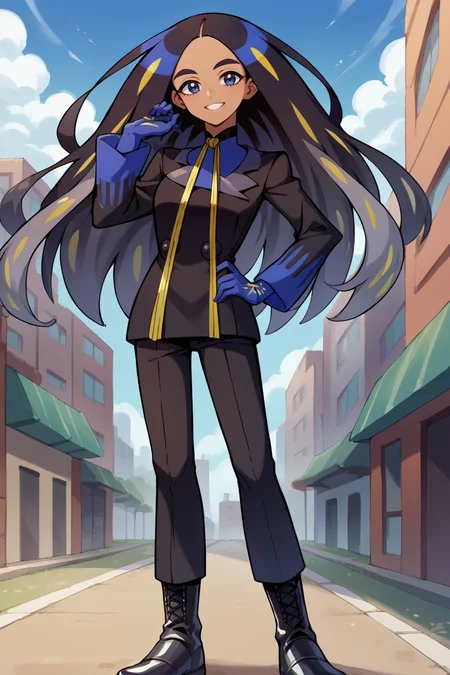 score_9, score_8_up, score_7_up, score_6_up, source_anime, BREAK 1girl <lora:geeta-pdxl-nvwls-v1-000006:1> geeta, multicolored hair, neck ribbon, black jacket, black pants, gloves, black boots, hand on hip, hand up, looking at you, happy, city, blue sky