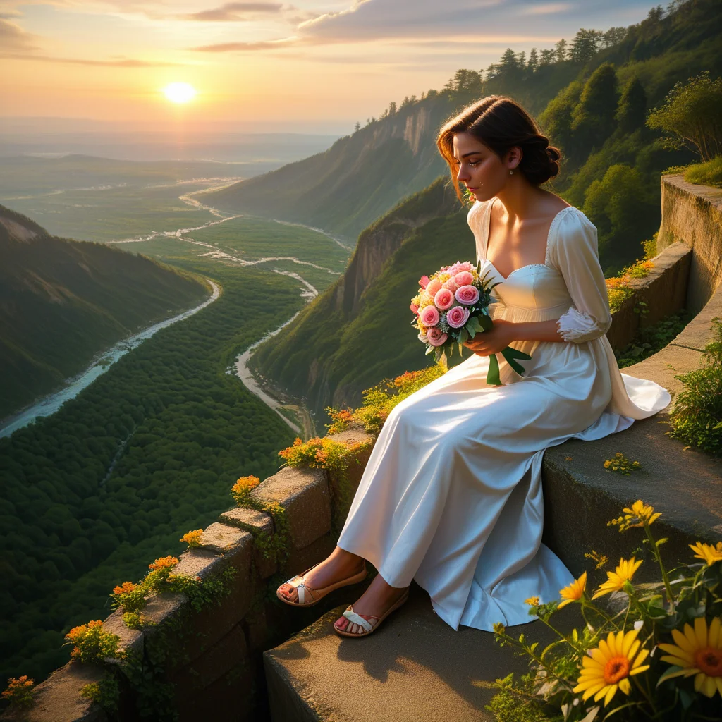 score_9, score_8_up, score_7_up, source_photo, 8k skin textures,,high_quality_photography, source_photo, highly_detailed, very_aesthetic, beautiful, realistic,pretty woman,sitting on a cliff,above ocean,sunset,crying,holding valentine,bouquet of flowers thrown on the ground, man walking away in background,zPDXL2