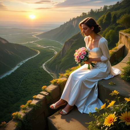 score_9, score_8_up, score_7_up, source_photo, 8k skin textures,,high_quality_photography, source_photo, highly_detailed, very_aesthetic, beautiful, realistic,pretty woman,sitting on a cliff,above ocean,sunset,crying,holding valentine,bouquet of flowers thrown on the ground, man walking away in background,zPDXL2