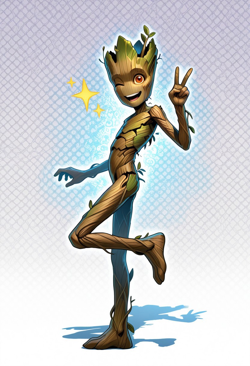 masterpiece, absurdres, amazing quality, extremely detailed, very aesthetic, solo, male, from side, looking at viewer, 
Groot2, young, skinny, made of wood, amber eyes, brown bark skin, leaf, (no nose:1.15), alien, flora fauna, plant boy, looking at viewer, smile, open mouth, teeth, foot up, standing on one leg, cocked hip, hand up, v sign, one eye closed, winking, full body, perfect hands, 5 fingers, twink, star, sparkle, big eyes, 
psychedelic background, science fiction, hologram, pattern background, shadow,  perfect lighting, WaiIL25PosC