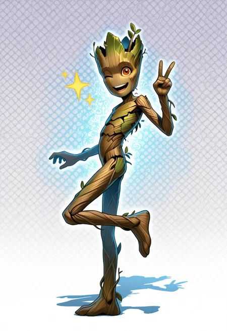 masterpiece, absurdres, amazing quality, extremely detailed, very aesthetic, solo, male, from side, looking at viewer, 
Groot2, young, skinny, made of wood, amber eyes, brown bark skin, leaf, (no nose:1.15), alien, flora fauna, plant boy, looking at viewer, smile, open mouth, teeth, foot up, standing on one leg, cocked hip, hand up, v sign, one eye closed, winking, full body, perfect hands, 5 fingers, twink, star, sparkle, big eyes, 
psychedelic background, science fiction, hologram, pattern background, shadow,  perfect lighting, WaiIL25PosC