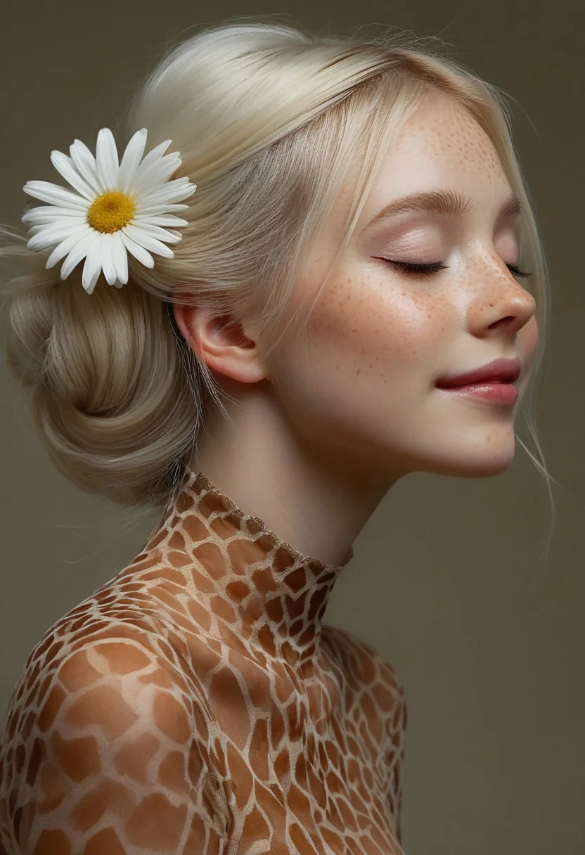 This is a highly detailed, UHD photograph featuring a surreal, stylized portrait of a young woman with an ethereal, almost otherworldly appearance. The subject has porcelain skin with a delicate, freckled complexion and striking, closed eyes, giving an impression of serene tranquility. Her hair is a striking, platinum blonde, styled in a voluminous, slightly messy updo with a few strands framing her face. A large, white daisy is tucked behind her ear, adding a touch of natural beauty to the surreal scene.
Her skin is adorned with a unique, intricate pattern of golden-brown, giraffe-like spots, which extend from her neck to her shoulders, blending seamlessly with her skin texture. The contrast between her pale skin and the warm, earthy spots creates a striking visual effect. she's sitting with the side view and with one leg up and other extended behind her
Her lips are painted a soft, muted pink, and her expression is serene, with a subtle, almost imperceptible smile. The background is a deep, rich brown, which contrasts sharply with her light hair and skin, drawing attention to her face and the intricate pattern on her neck. The lighting is soft and warm, casting subtle shadows that enhance the texture and depth of her skin and the spots.
