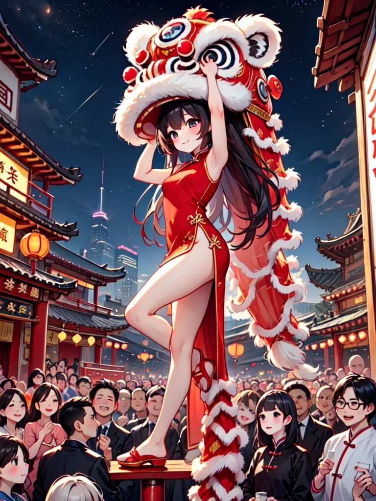 ((lion dance)), ((lifting person)), wooden pole, stepping on poles, arms up, leg up, 1girl, smile, petite, long hair, red qipao, sleeveless dress, bare legs, sky, crowd, people, audience, cityscape, temple, chinese new year, east asian architecture, from side, aerial fireworks, night, <lora:girllikeliondance:0.5>