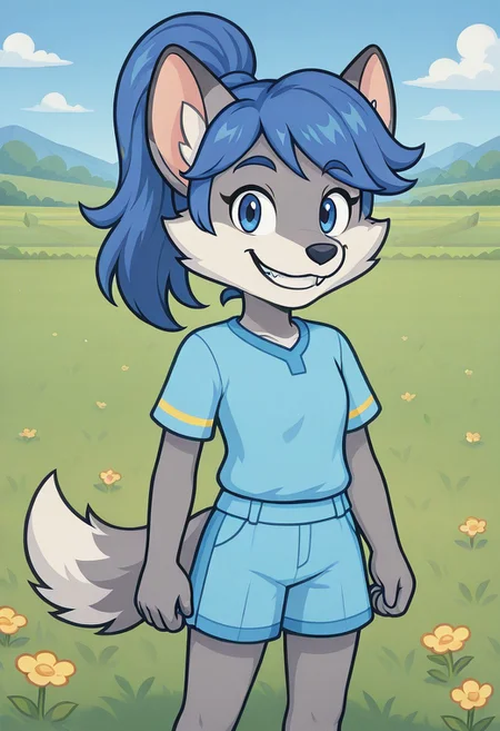 solo, cabulosa, ponytail, anthro, fangs, standing, closed mouth, grin, green meadow, looking at viewer, blue shirt, blue shorts
