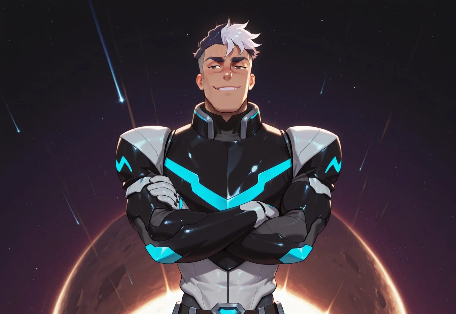 masterpiece, best quality, newest, absurdres, highres, male, bara, male focus, 1boy, muscular, v-taper, long torso, narrow waist,Shiro, undercut, multicolored hair, brown eyes, armor, smirk, arms crossed, spaceship, outerspace, low light
muses_in_dark,inconsistent lighting,ha1k1, hairy