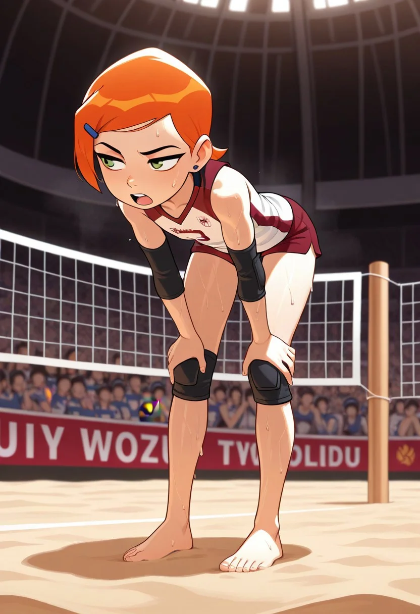 masterpiece, best quality, amazing quality, very aesthetic, high resolution, ultra-detailed, absurdres, newest,
Gwendolyn_Tennyson, 1girl, solo, toned, beautiful,
<lora:GwenTen-Illus-13:1>
indoors, volleyball uniform, sportswear, elbow pads, elbow sleeve, knee pads, sleeveless, shorts, short shorts, looking away, audience, beach,Beachvolleyball, sweat, open mouth, steam, leaning forward, hands on own knees, exercising, full body, barefoot, sandy ground, outdoor, from behind