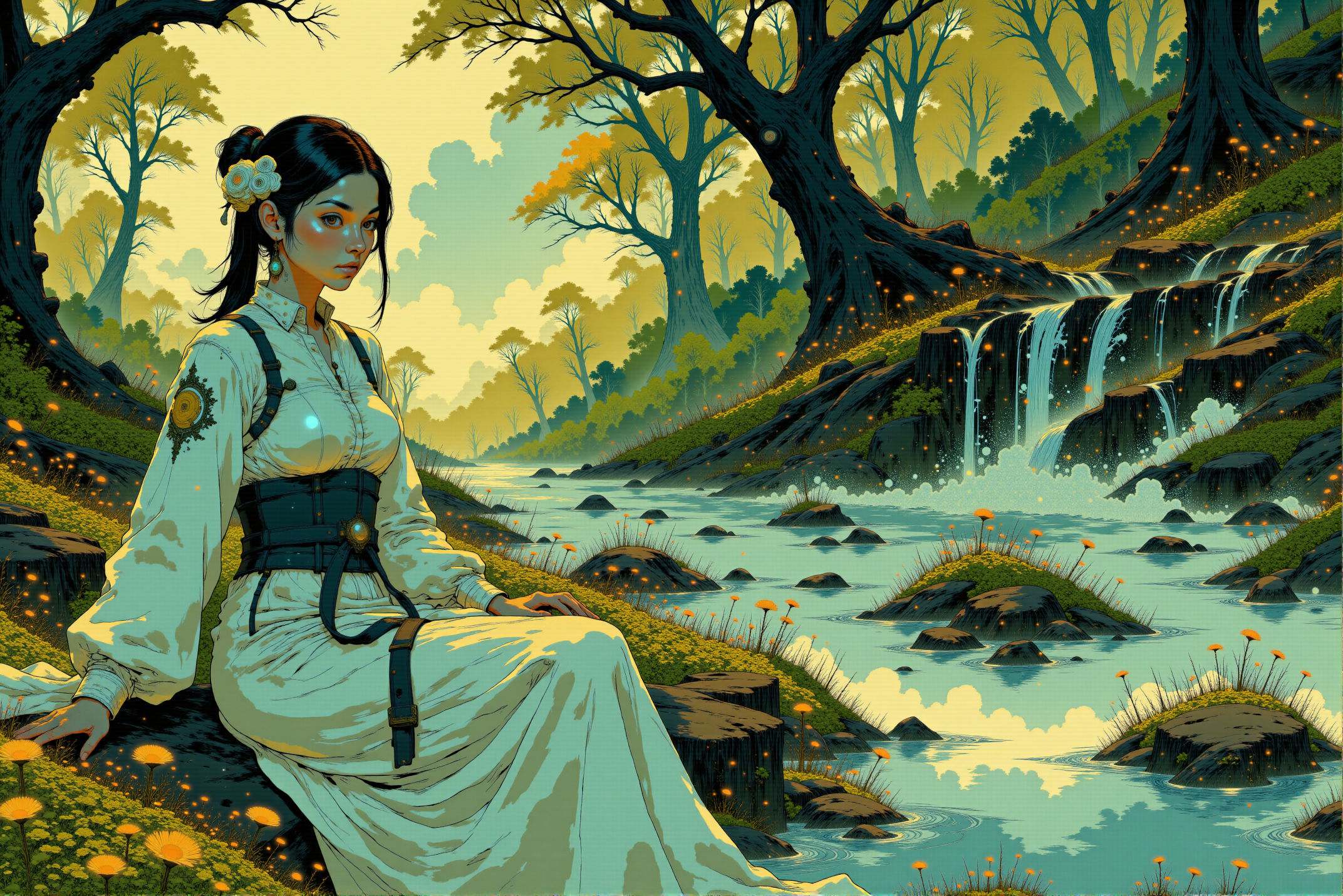 <lora:Fancha_style_v.5:1.2> Fancha style. The image portrays a graceful, adult woman seated beside a tranquil stream in a lush, verdant forest. Her attire is composed of light blue, flowing layers of fabric, intricately adorned with delicate floral embroidery that enhances its elegance and femininity. The soft, cool tones of her dress harmonize beautifully with the surrounding natural environment, blending seamlessly with the shimmering water and vibrant greenery. The upper portion of her dress is fitted, complemented by semi-sheer sleeves that drape gracefully down her arms. A deep navy sash cinches her waist, its long ends cascading elegantly over the layered skirt, which catches the sunlight filtering through the forest canopy, giving the fabric a luminous and ethereal quality. Her dark, flowing hair is partially tied with floral adornments in soft white, complementing the blue tones of her attire. Loose strands frame her serene expression, adding to her natural allure. The backdrop features moss-covered rocks, cascading water, and a dense expanse of foliage, softly illuminated by golden sunlight streaming through the trees. This harmonious composition, with its serene palette and intricate detailing, evokes a sense of timeless beauty and tranquility, seamlessly integrating the woman into her enchanting environment.