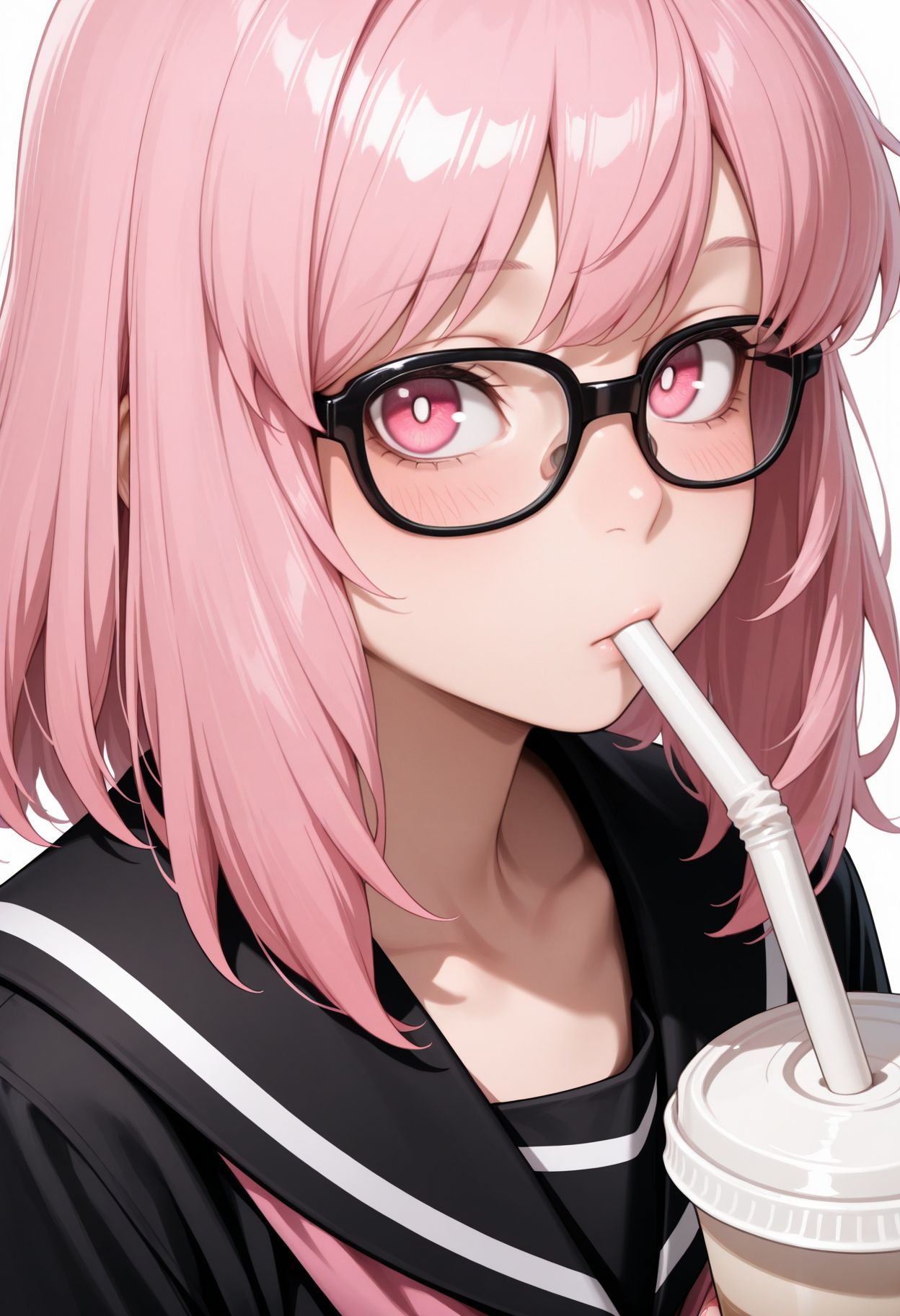 masterpiece,amazing quality,best quality,ultra-detailed, upper body, close portrait, looking at viewer, disposable cup, drinking straw, holding cup, white background,, portrait, blush, upper body, simple background
, <lora:Pop Step v2 illu:1>
1girl, pink hair, pink eyes, medium hair, black-framed eyewear, glasses, black shirt, serafuku, ,black skirt shirt, school uniform,