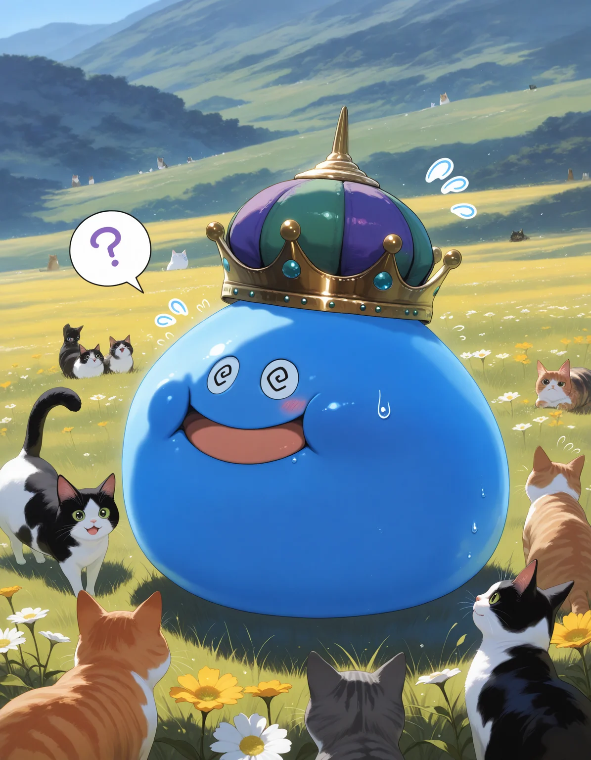 SmoothNoob_Quality,masterpiece,extreme detailed,full_body,outdoors,field,flower BREAK 1other,no humans,king slime,slime \(creature\),crown,:D,open mouth,blue skin,blush,<lora:NOOB_vp1_detailer_by_volnovik_v1:1>,<lora:king slime-NAI:1>,sweatdrop,flying sweatdrops,multiple cats,spoken question mark,@_@,