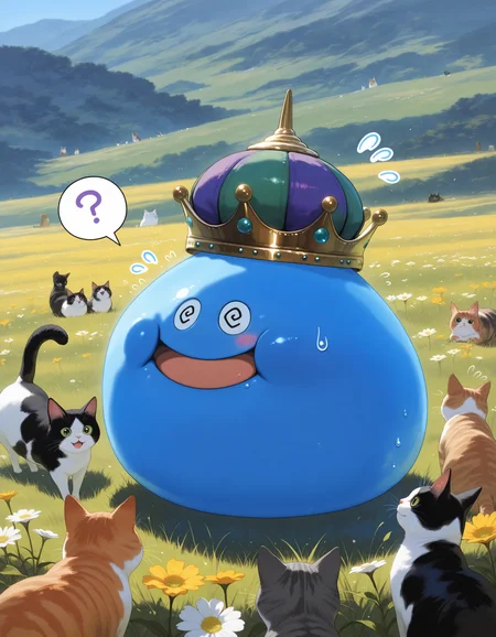 SmoothNoob_Quality,masterpiece,extreme detailed,full_body,outdoors,field,flower BREAK 1other,no humans,king slime,slime \(creature\),crown,:D,open mouth,blue skin,blush,<lora:NOOB_vp1_detailer_by_volnovik_v1:1>,<lora:king slime-NAI:1>,sweatdrop,flying sweatdrops,multiple cats,spoken question mark,@_@,