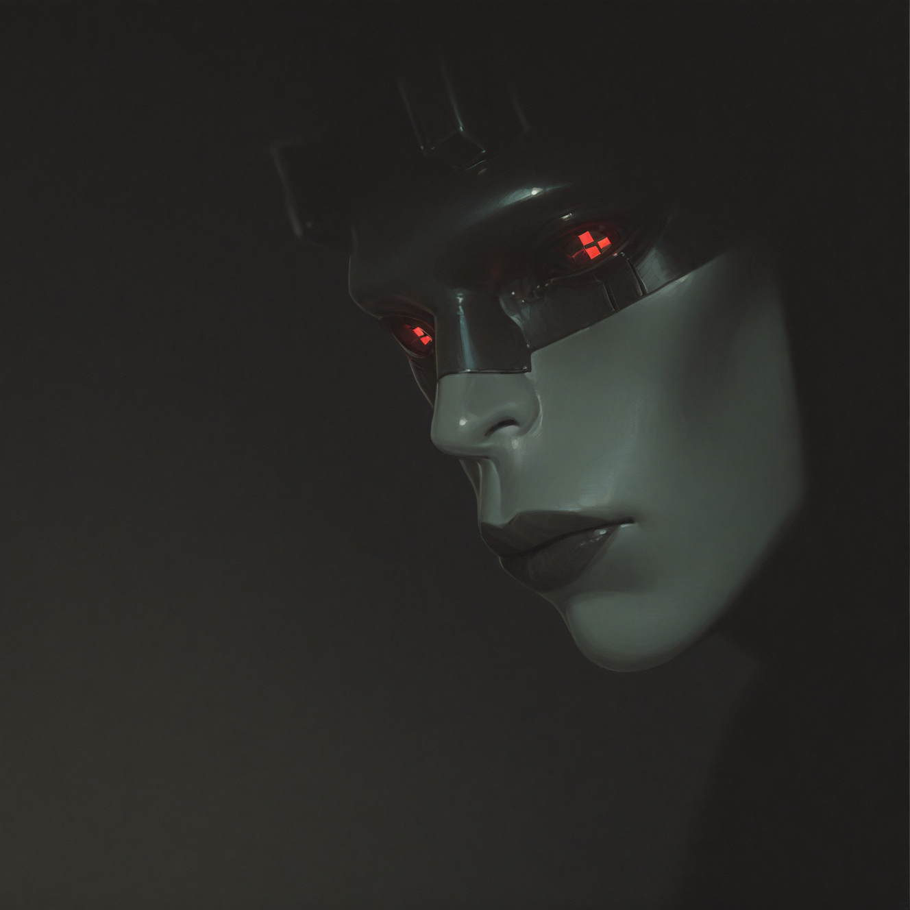<lora:VOID:1> void, solo, (square iris:2), looking at viewer, handsome, from side, 1boy, red eyes, male focus, blurry, blurry background, colored skin, robot, glowing eyes, close-up, colored sclera, science fiction, realistic, black sclera, android, black lips, cyberpunk, humanoid robot, metal skin, makeup, glowing, dynamic perspective, detailed background, motion blur, film grain, abstract, natural lighting, fantasy, cinematic, dynamic view, tilted angle, very awa, masterpiece, best quality, absurdres, newest, perfect quality, detailed background, intricate details, (artist:fl \(l-fl\):0.7), (artist:tooboshoo:0.7), (artist:dizdoodz:0.8)