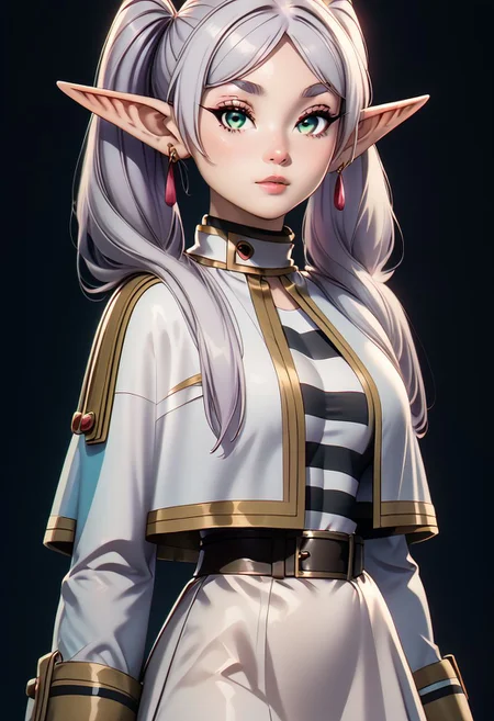 score_9, score_8_up, score_7_up, score_6_up, score_5_up, score_4_up score_9,score_8_up, digital art, upper body shot, realistic 3D illustration,
BREAK,
zzFrieren, long hair, twintails, green eyes, grey hair, pointy ears, elf, shirt, long sleeves, jewelry, earrings, striped, white capelet, striped shirt, white skirt, black pantyhose,
BREAK,
subsurface scattering, soft lighting, contemplative expression, dark background, subtle makeup, high-resolution, detailed texture, emotional depth, dramatic mood, side profile, serene atmosphere, cinematic lighting. perfectly round breasts, big breasts, firm breasts, SkinHairDetail, (eye contact, looking at viewer:1),