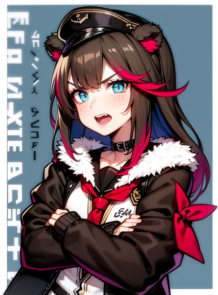 1girl, animal ears, solo, hat, blue eyes, fur trim, bear ears, looking at viewer, long hair, multicolored hair, brown hair, sailor collar, crossed arms, upper body, streaked hair, red hair, bangs, open mouth, jacket, choker, long sleeves, v-shaped eyebrows, black choker, black sailor collar, peaked cap, fur-trimmed jacket, open clothes, neckerchief, black headwear, red neckerchief, character name, shirt, collarbone, black jacket, school uniform
