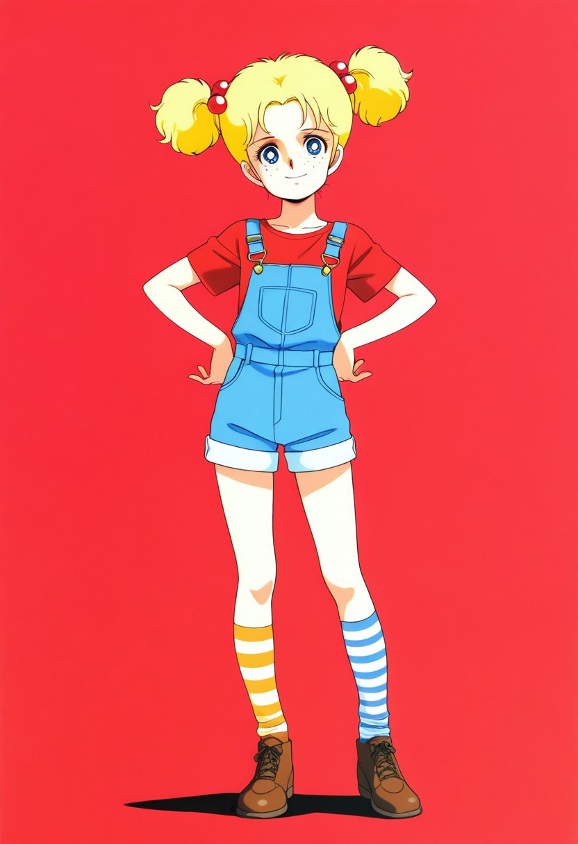 1girl, solo, blue eyes, blonde hair, short hair, hair ornament, twintails, freckles, slim, young, thin, high resolution, more details, 8k quality, score_9, score_8_up, score_7_up, masterpiece, best quality, official art, official style, very aesthetic, absurdres, source_anime, perfect anatomy, 1980s (style), hanging eyes, perfect proportions, anatomically correct, perfect hands, perfect fingers, high resolution, more details, 8k quality, best quality, full body, score_9, score_8_up, score_7_up, source_anime, (extremely detailed:1), (masterpiece, best quality, very aesthetic, ultra detailed), intricate details, beautiful background, ultra-detailed, perfect anatomy, perfect face, perfect hands, perfect fingers, perfect eyes, blue overalls, striped socks, mismatched socks, brown footwear, shorts, smile, short sleeves, red shirt, simple color background, full body, dynamic pose, no background, hands at own hips,