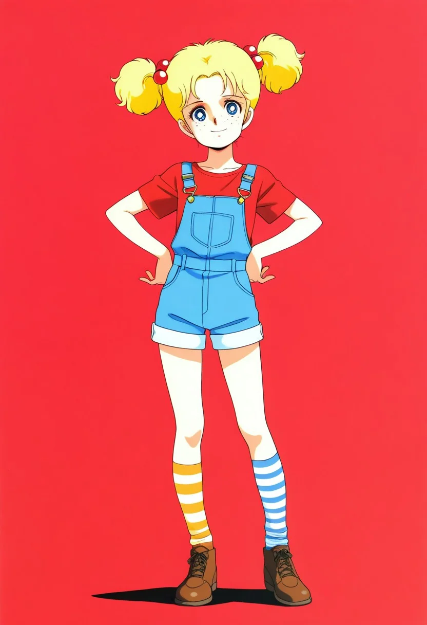 1girl, solo, blue eyes, blonde hair, short hair, hair ornament, twintails, freckles, slim, young, thin, high resolution, more details, 8k quality, score_9, score_8_up, score_7_up, masterpiece, best quality, official art, official style, very aesthetic, absurdres, source_anime, perfect anatomy, 1980s (style), hanging eyes, perfect proportions, anatomically correct, perfect hands, perfect fingers, high resolution, more details, 8k quality, best quality, full body, score_9, score_8_up, score_7_up, source_anime, (extremely detailed:1), (masterpiece, best quality, very aesthetic, ultra detailed), intricate details, beautiful background, ultra-detailed, perfect anatomy, perfect face, perfect hands, perfect fingers, perfect eyes, blue overalls, striped socks, mismatched socks, brown footwear, shorts, smile, short sleeves, red shirt, simple color background, full body, dynamic pose, no background, hands at own hips,