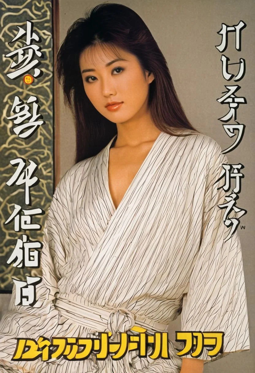 (((score_9, score_8_up, score_8))), 1girl, pretty, 20 year old japanese girl, 1980s style title page, title in large flashy letters, multiple panels, comic layout, bare tits, medium tits, long hair, sultry, 1980s style, photorealistic, in a japanese house,