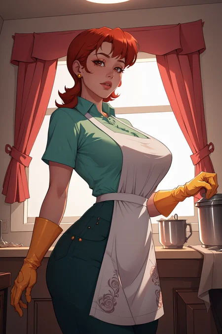 (masterpiece, best quality, absurdres, 4k, aesthetic, detailed, intricate, perfect lighting),cinematic angle,1girl,happy, dextersmom, gloves, apron, jewelry, pants, shirt <lora:dextersmom:0.7>