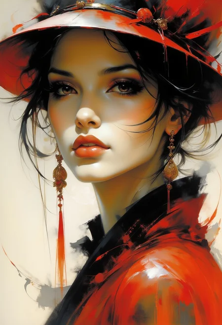 3th33r34l portrait of an oriental woman, red hat, long loose hair, earrings, wispy, ethereal, glancing at viewer, chiascuro, silhouetted, closeup of face
