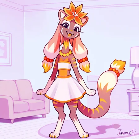 Jasmaby(F), Solo, 1girl, anthro, furry female, catgirl, tiger, brown fur, striped fur, orange stripes, two-toned hair, twintails, long tail, black eyes, flower head ornament, white paws, white eyeshadow, eyelashes, red pearl necklace, white tube top, white skirt, flatchested, looking at viewer, full body, smiling, standing, living room background