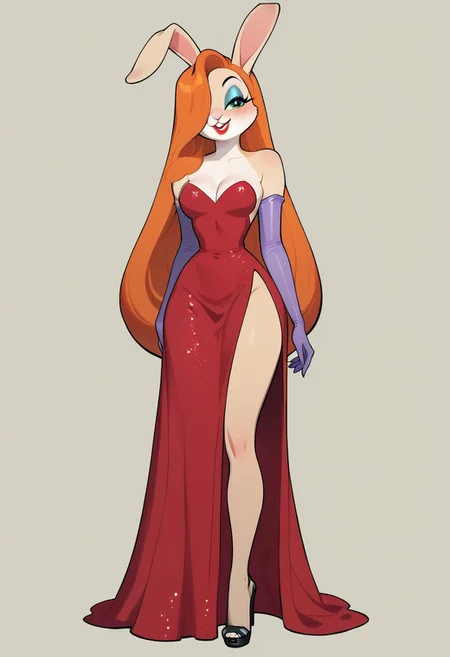 score_9, score_8_up, score_7_up, score_6_up, score_5_up, score_4_up, RedDress_JessicaRabbit_ownwaifu, long hair, hair over one eye, green eyes, rabbit ears, makeup, Anthro bunny, tan fur, long dress, absurdly long hair, very long ginger hair, furry, makeup, lipstick, bare shoulders, cleavage, red dress, strapless, elbow purple gloves, high heels, side slit, smirk, blushing, partial nudity, full body, BREAK, masterpiece, show style, show accurate, flat colors, soft shading, simple background,
<lora:JessicaRabbitXL:1>