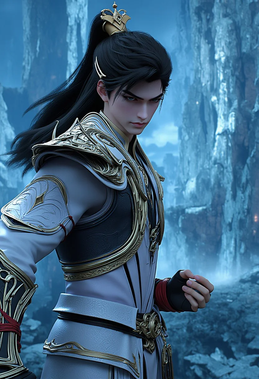 shihao, super detailed face, 1boy solo with a rude appearance, slim athletic body, medium shot, looking at viewer, long black hair in ponytail, with blue detailed eyes, white dress clothes style, dangerous and powerful, expressive, side view, ancient ruins of world of ice background, dynamic pose, perfect hands, perfect anatomy, perfect body, mythp0rt