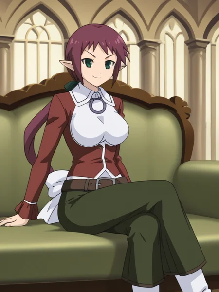 1girl, solo, sardiakamoshirenai, purple hair, ponytail, green eyes, pointy ears, large breasts, white shirt, collared shirt, hair bow, pendant, red jacket, partially open jacket, long sleeves, belt, green skirt, long skirt, back bow, white boots sitting, couch, crossing legs, indoors, mansion, full body, smug, smile, serious,