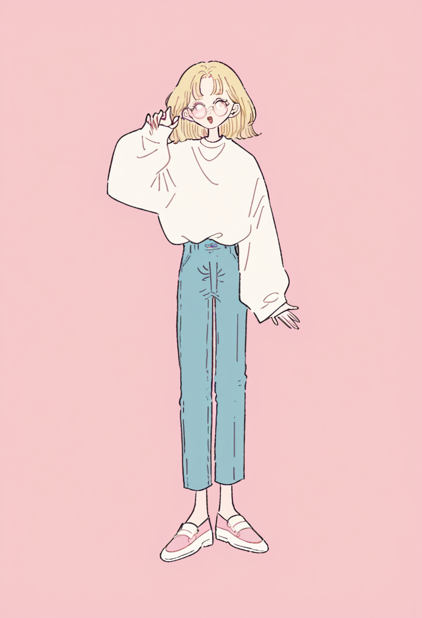 score_9, score_8_up, score_7_up, score_6_up, source_anime, <lora:rikuwo_v0.3-pony:1>
1girl, solo, open mouth, bangs, blonde hair, simple background, shirt, long sleeves, standing, full body, shoes, glasses, pants, hand up, medium hair, arm up, sleeves past wrists, pink background, white footwear, round eyewear, pink footwear, pink-framed eyewear