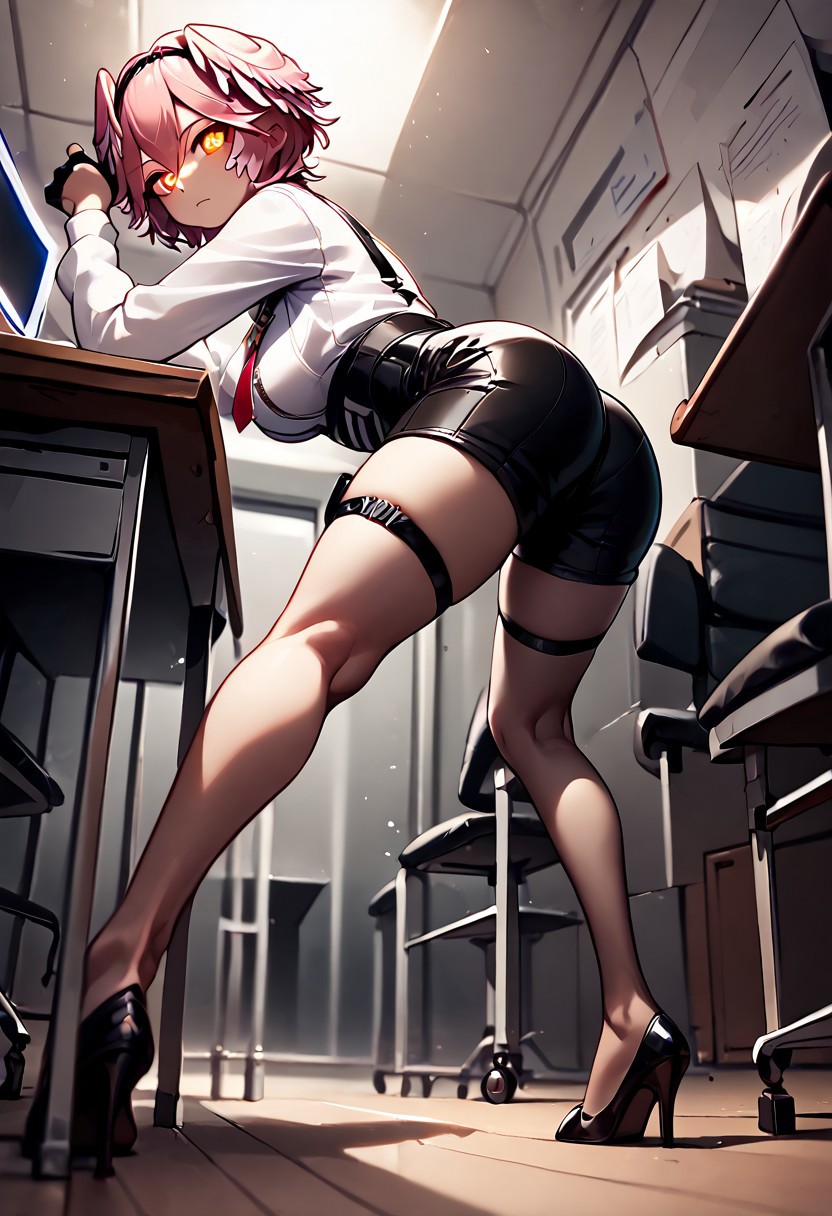 score_9,score_8_up,score_7_up,score_6_up, detailed face, detailed background, luiFirst, pink hair, short hair, parted hair, double-parted bangs, hair between eyes, black hairband, hair wings, black choker, white shirt, chest harness, breast zipper, red necktie, white ascot, long sleeves, white shirt, black gloves, partially fingerless gloves, thigh strap, high-waist shorts, leather shorts, black shorts, pantyhose, strappy heels, black footwear, crosshair pupils, yellow eyes, + +, symbol-shaped pupils, office, indoors, tallgts, from behind, from below, leaning forward, looking back, about to sit on chair, ass, long legs, size difference, miniguy on chair, imminent ass crush, scene of two cartoon anime characters together