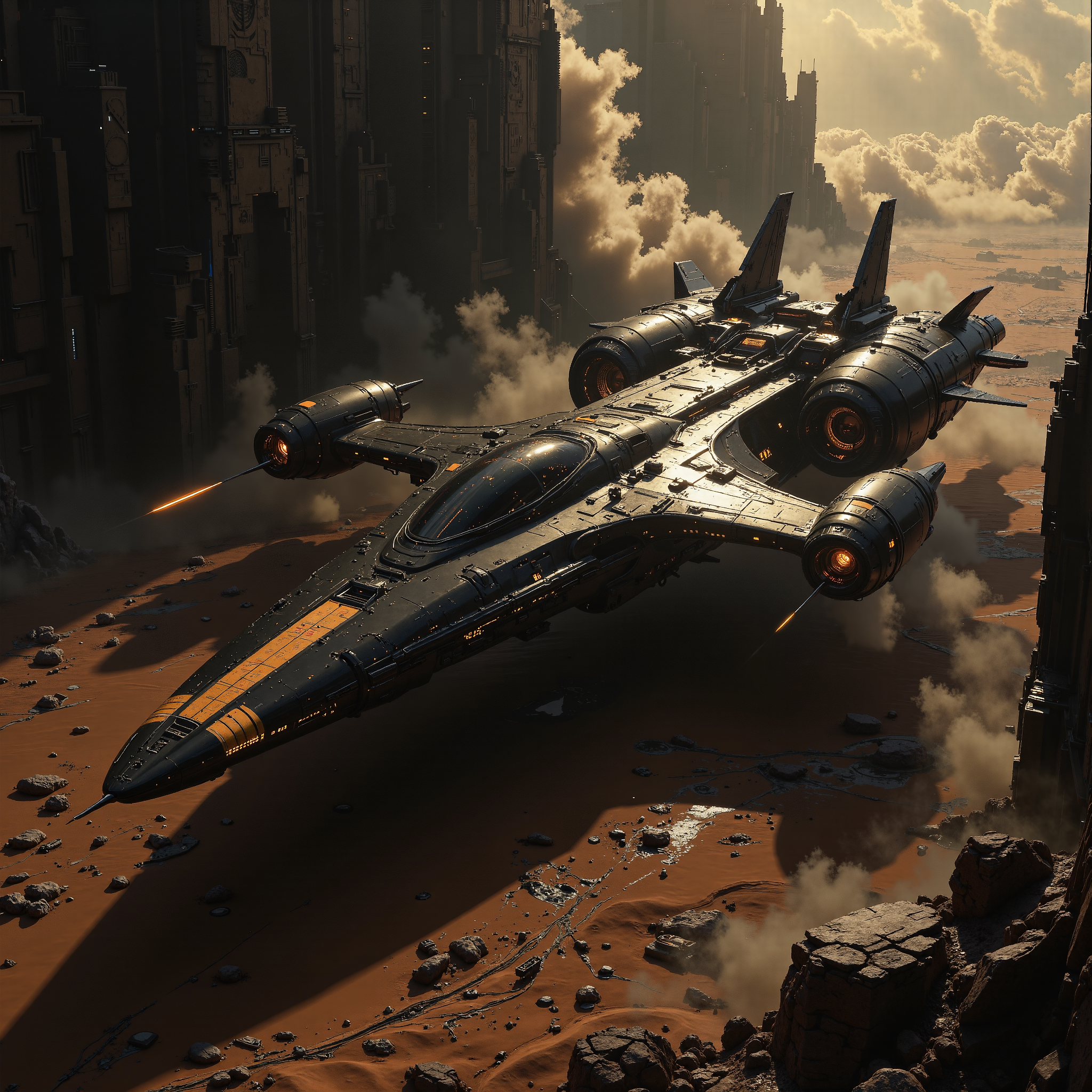 The scene is dominated by deep orange, black, and gray tones, evoking a desolate and dystopian atmosphere with an industrial edge. Styled as a retro scan of an 80s sci-fi book, the image exudes a grainy, lofi textureâmelancholic yet hyper-detailed and cinematic. At the center lies a colossal spaceship, sleek and aerodynamic, with a design reminiscent of a predatory bird. Its sharp, streamlined hull is constructed for speed and power, blending jagged edges with smooth, flowing surfaces. Gigantic wings extend outward, their edges razor-thin, while massive rocket engines are mounted on either side, scorched and battered from a catastrophic descent. The vesselâs once-pristine black-and-gray exterior is marred with weathering and faded orange hazard markings, adding a haunting sense of abandonment.  Like a fallen predator, the ship looms over the cracked, barren wasteland, its silhouette sharp and imposing against the fractured landscape. Jagged tears in its hull expose intricate mechanical innards, hinting at the advanced technology now left to decay. The surrounding terrain is littered with debris, scattered remnants of the shipâs crash, while a hazy, storm-filled sky churns overhead. Dark gray clouds ripple with faint beams of pale light that struggle to penetrate the ash and dust, illuminating the devastation in haunting bursts. Volumetric lighting, swirling particles, and gritty textures emphasize the shipâs fallen majesty, creating a retro-futuristic aesthetic that captures both the menace and the tragic beauty of a technological leviathan lost to ruin. <lora:flux.1_lora_flyway_Epic-detail_v2.safetensors:0.5>,  <lora:ck-skynet-000019.safetensors:0.4>,  <lora:artilands.safetensors:0.35>,  <lora:NotTheRealWorld-v55-000010.safetensors:0.2>,  <lora:we-br-v2.safetensors:0.75>,