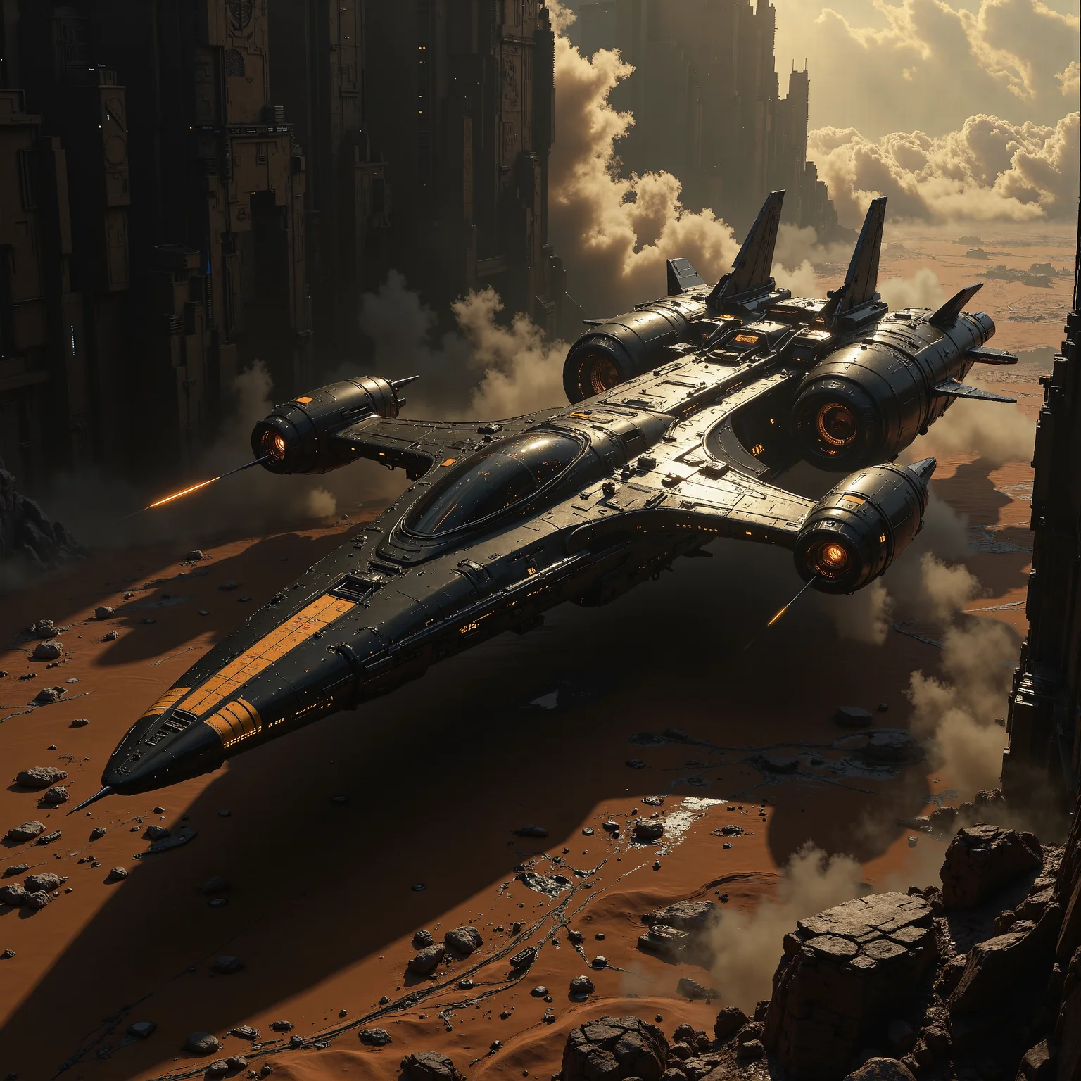 The scene is dominated by deep orange, black, and gray tones, evoking a desolate and dystopian atmosphere with an industrial edge. Styled as a retro scan of an 80s sci-fi book, the image exudes a grainy, lofi textureâmelancholic yet hyper-detailed and cinematic. At the center lies a colossal spaceship, sleek and aerodynamic, with a design reminiscent of a predatory bird. Its sharp, streamlined hull is constructed for speed and power, blending jagged edges with smooth, flowing surfaces. Gigantic wings extend outward, their edges razor-thin, while massive rocket engines are mounted on either side, scorched and battered from a catastrophic descent. The vesselâs once-pristine black-and-gray exterior is marred with weathering and faded orange hazard markings, adding a haunting sense of abandonment. Like a fallen predator, the ship looms over the cracked, barren wasteland, its silhouette sharp and imposing against the fractured landscape. Jagged tears in its hull expose intricate mechanical innards, hinting at the advanced technology now left to decay. The surrounding terrain is littered with debris, scattered remnants of the shipâs crash, while a hazy, storm-filled sky churns overhead. Dark gray clouds ripple with faint beams of pale light that struggle to penetrate the ash and dust, illuminating the devastation in haunting bursts. Volumetric lighting, swirling particles, and gritty textures emphasize the shipâs fallen majesty, creating a retro-futuristic aesthetic that captures both the menace and the tragic beauty of a technological leviathan lost to ruin. <lora:flux.1_lora_flyway_Epic-detail_v2.safetensors:0.5>, <lora:ck-skynet-000019.safetensors:0.4>, <lora:artilands.safetensors:0.35>, <lora:NotTheRealWorld-v55-000010.safetensors:0.2>, <lora:we-br-v2.safetensors:0.75>,