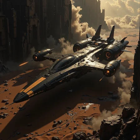 The scene is dominated by deep orange, black, and gray tones, evoking a desolate and dystopian atmosphere with an industrial edge. Styled as a retro scan of an 80s sci-fi book, the image exudes a grainy, lofi textureâmelancholic yet hyper-detailed and cinematic. At the center lies a colossal spaceship, sleek and aerodynamic, with a design reminiscent of a predatory bird. Its sharp, streamlined hull is constructed for speed and power, blending jagged edges with smooth, flowing surfaces. Gigantic wings extend outward, their edges razor-thin, while massive rocket engines are mounted on either side, scorched and battered from a catastrophic descent. The vesselâs once-pristine black-and-gray exterior is marred with weathering and faded orange hazard markings, adding a haunting sense of abandonment.  Like a fallen predator, the ship looms over the cracked, barren wasteland, its silhouette sharp and imposing against the fractured landscape. Jagged tears in its hull expose intricate mechanical innards, hinting at the advanced technology now left to decay. The surrounding terrain is littered with debris, scattered remnants of the shipâs crash, while a hazy, storm-filled sky churns overhead. Dark gray clouds ripple with faint beams of pale light that struggle to penetrate the ash and dust, illuminating the devastation in haunting bursts. Volumetric lighting, swirling particles, and gritty textures emphasize the shipâs fallen majesty, creating a retro-futuristic aesthetic that captures both the menace and the tragic beauty of a technological leviathan lost to ruin. <lora:flux.1_lora_flyway_Epic-detail_v2.safetensors:0.5>,  <lora:ck-skynet-000019.safetensors:0.4>,  <lora:artilands.safetensors:0.35>,  <lora:NotTheRealWorld-v55-000010.safetensors:0.2>,  <lora:we-br-v2.safetensors:0.75>,