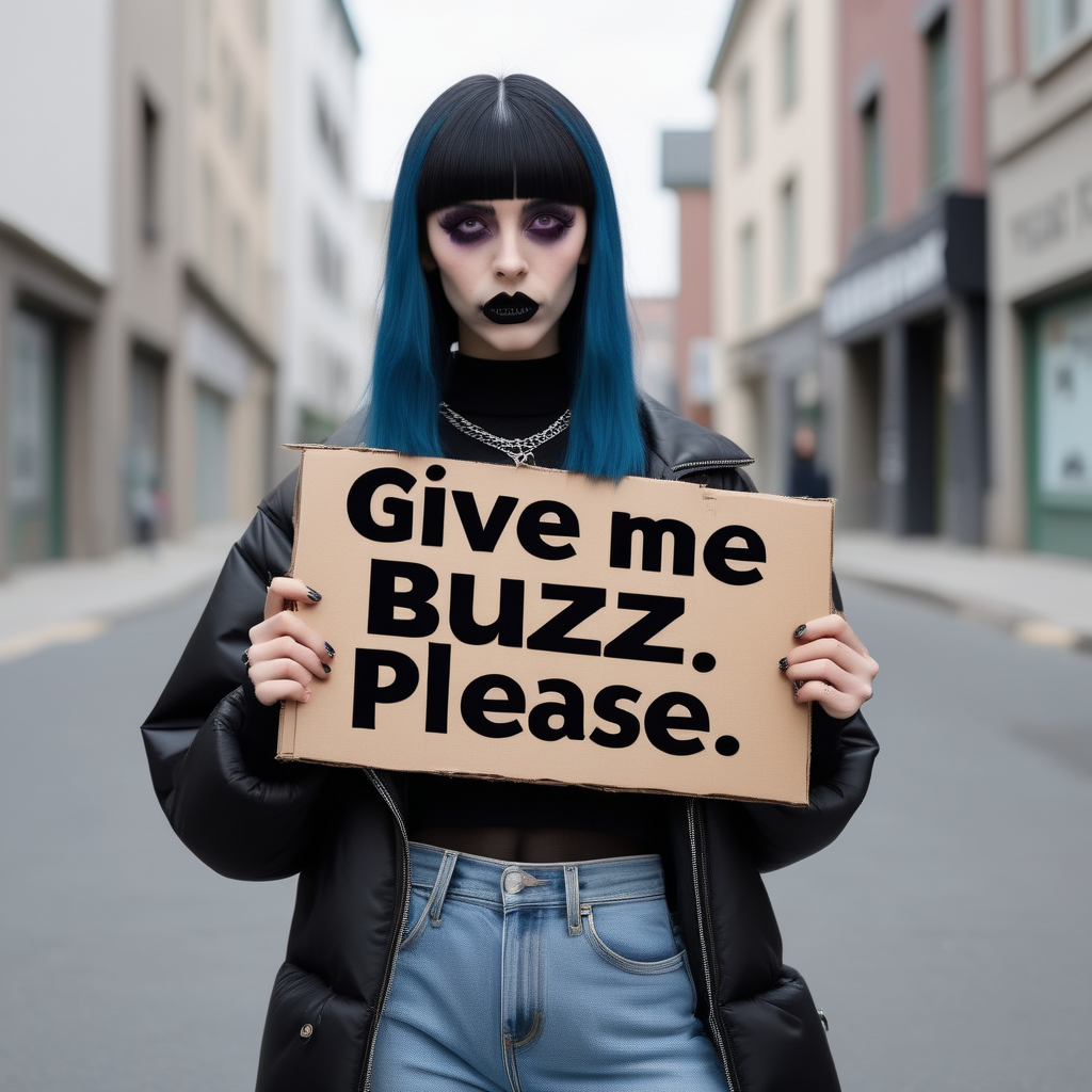 buzz, a fashion streetwear elitist goth girl model holding a cardboard sign that reads "give me buzz please"<lora:buzz-text:.8>