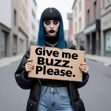 buzz, a fashion streetwear elitist goth girl model holding a cardboard sign that reads "give me buzz please"<lora:buzz-text:.8>