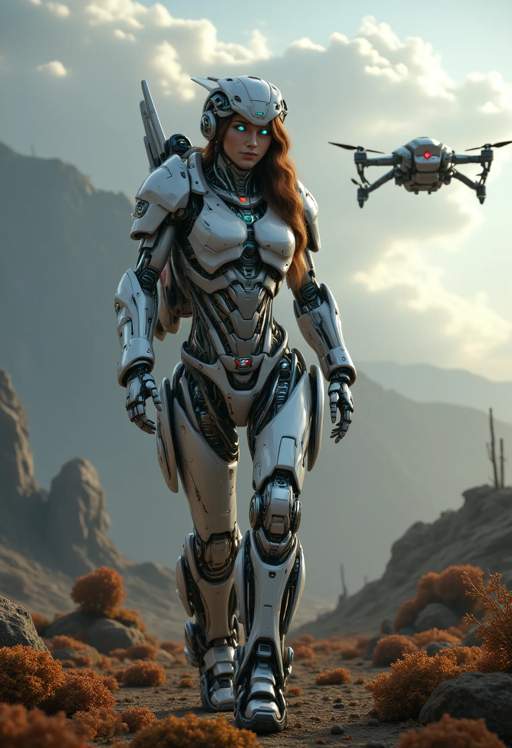 realistic scenery, ultra high quality, very detailed, a gorgeous heavily armored female space marine walks around and observs the area, natural eye color, a drone supports the squad, hostile foreign planet, gloomy clouds, sunrays, strange foreign flora, full body shot, Robo, <lora:FluxRoboStyle>
