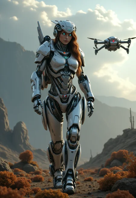 realistic scenery, ultra high quality, very detailed, a gorgeous heavily armored female space marine walks around and observs the area, natural eye color, a drone supports the squad, hostile foreign planet, gloomy clouds, sunrays, strange foreign flora, full body shot, Robo, <lora:FluxRoboStyle>