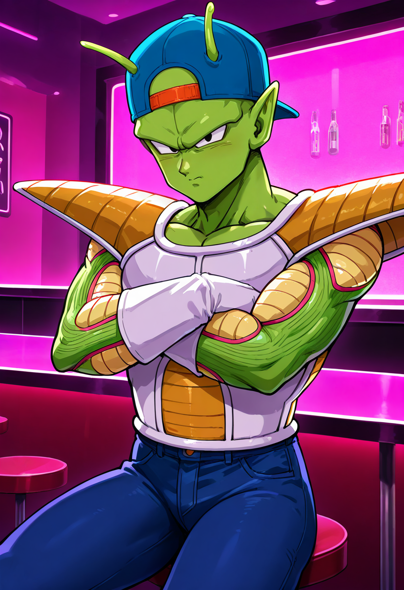 very awa, masterpiece, best quality, amazing quality, very aesthetic, high resolution, ultra-detailed, absurdres, newest,
cowboy shot, male focus, 1boy, solo, piccolo, dragon ball, v-shaped eyebrows, namekian, black eyes, green skin, antennae, pink patches, pointy ears, black eyes, blue baseball cap, backwards hat, jeans, white saiyan armor, shoulder pads, white gloves, crossed arms, sitting, strip club, bar stool,
<lora:Saiyan_Armor_IL-000014:1>,