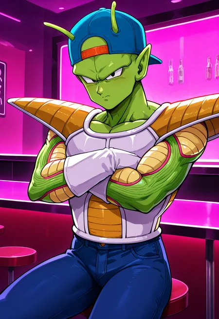 very awa, masterpiece, best quality, amazing quality, very aesthetic, high resolution, ultra-detailed, absurdres, newest,
cowboy shot, male focus, 1boy, solo, piccolo, dragon ball, v-shaped eyebrows, namekian, black eyes, green skin, antennae, pink patches, pointy ears, black eyes, blue baseball cap, backwards hat, jeans, white saiyan armor, shoulder pads, white gloves, crossed arms, sitting, strip club, bar stool,
<lora:Saiyan_Armor_IL-000014:1>,