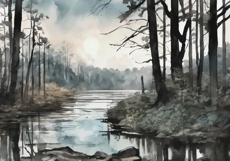 *Channel_42*
*The background for a new anime horror sci-fi visual novel*
*Watercolor* *Charcoal* *Stencil* *1920s* *Colorized*
*Woods* *Trail* *clearing* *lake*
*Evening* *Spring* *Clear*